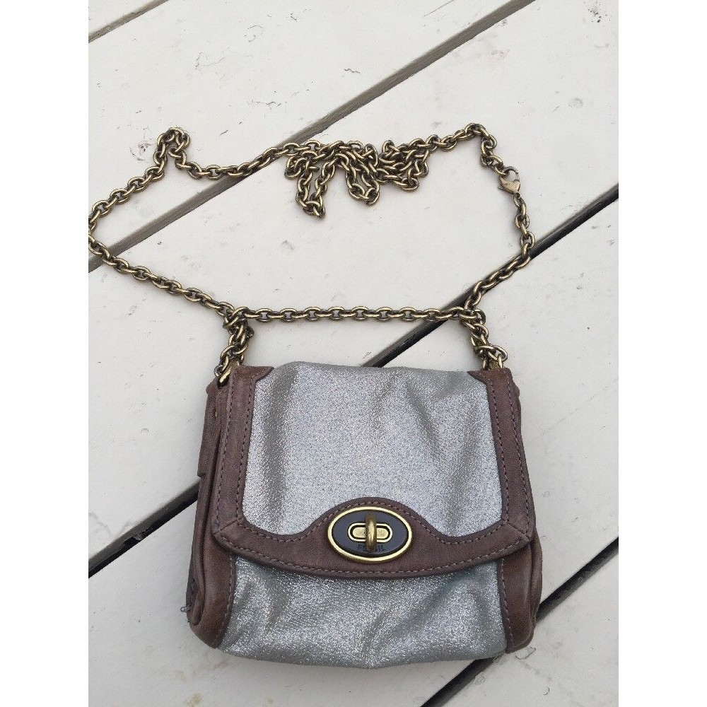 FOSSIL maddox Small Silver‎ Leather Crossbody Chain Handle Purse Bag